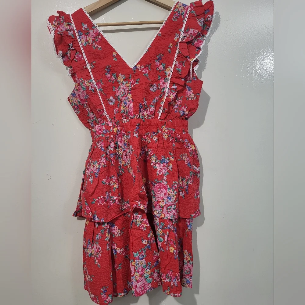 Betsey Johnson Red Floral Cotton Bush Gardens Seersucker Tiered Mini Dress Small - Picture 4 of 5